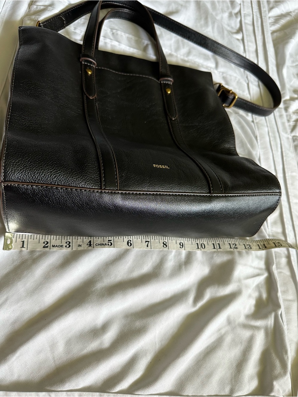 Fossil Black Leather Tote with Gold Hardware Work Tote EUC - Picture 8 of 12